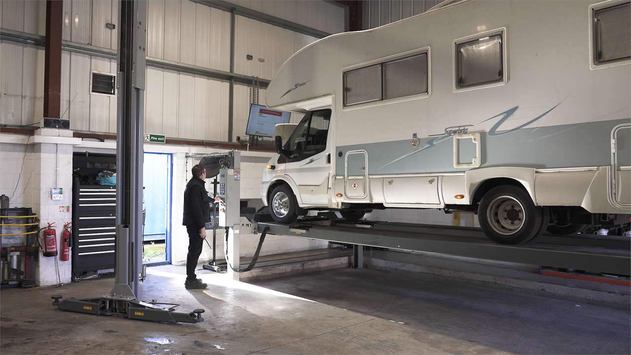 campervan up on a lift for MOT